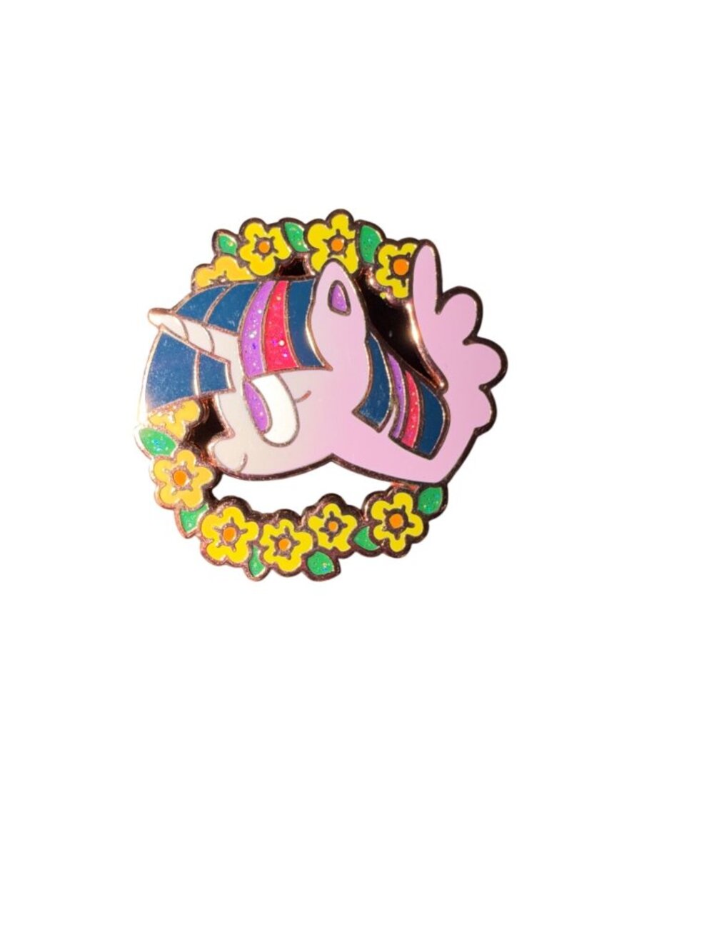 Rainbow Unicorn Enamel Pin With Glitter Accents & Yellow Flower Wreath Design
